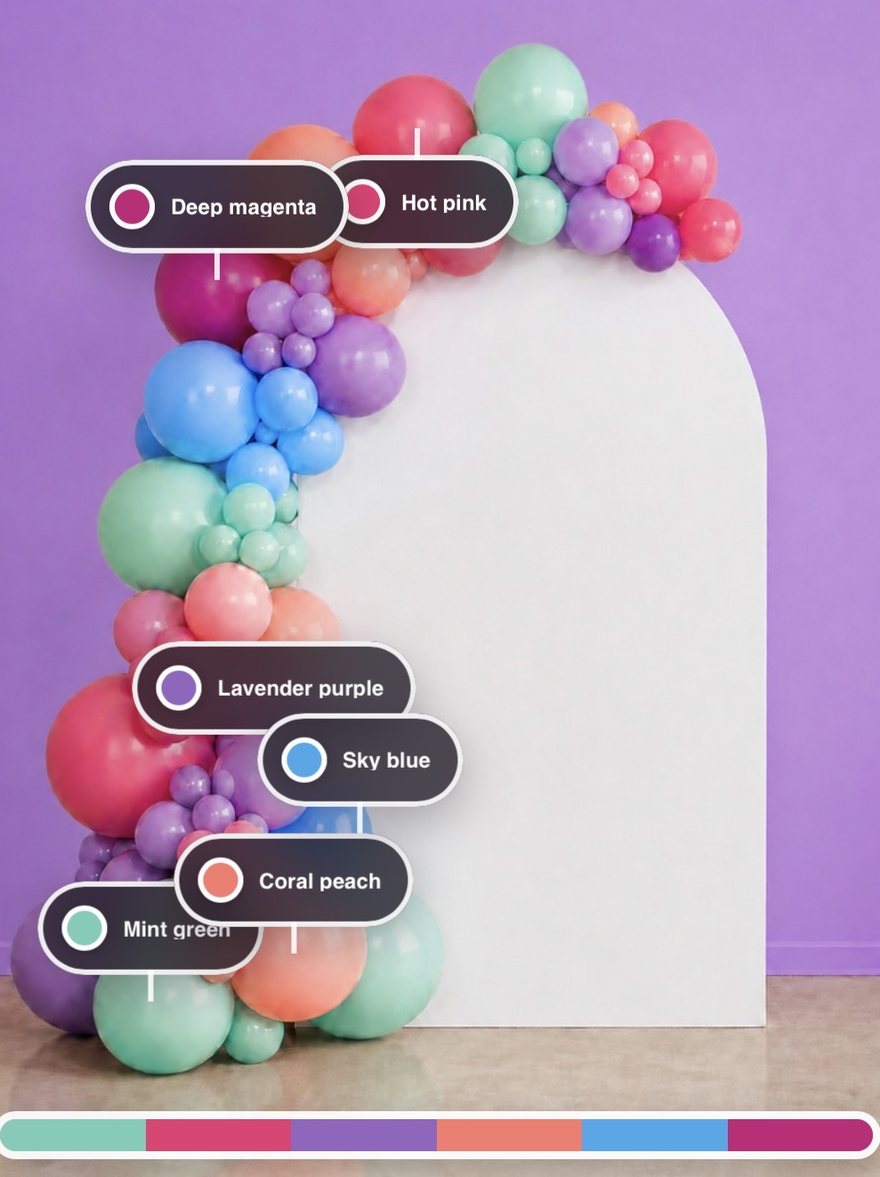 Balloon garland photo with the detected colors labelled: deep magenta, hot pink, lavender purple, sky blue, coral peach, and mint green, with a color mix bar underneath